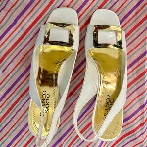 Vintage White Franco Sarto, sling-back,  peep toe, patent leather, size 8 sandal